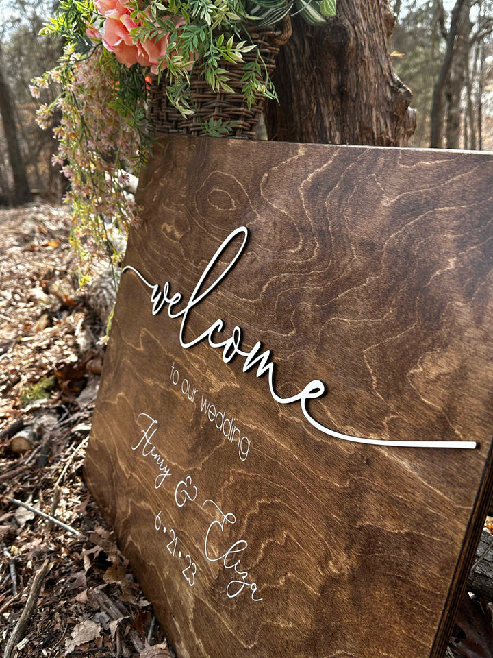 Personalized "welcome to our wedding" sign in fine-line script
