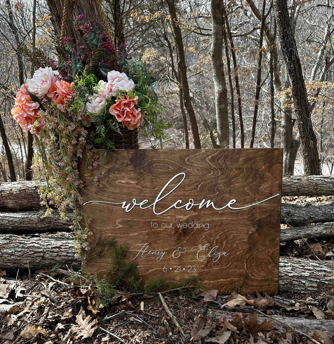 Personalized "welcome to our wedding" sign in fine-line script