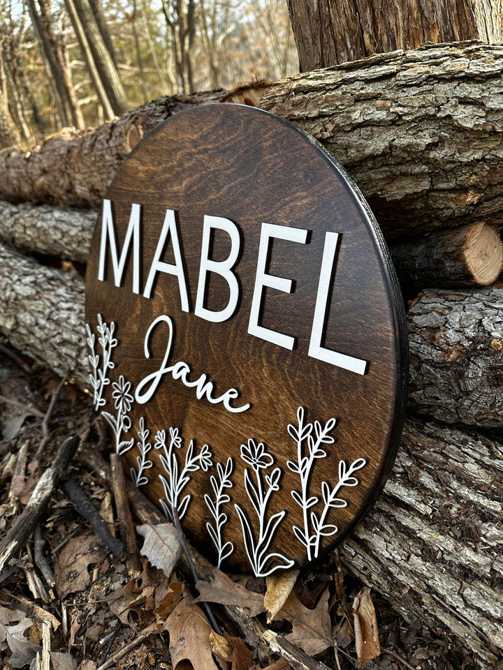Mabel Jane floral newborn baby name sign