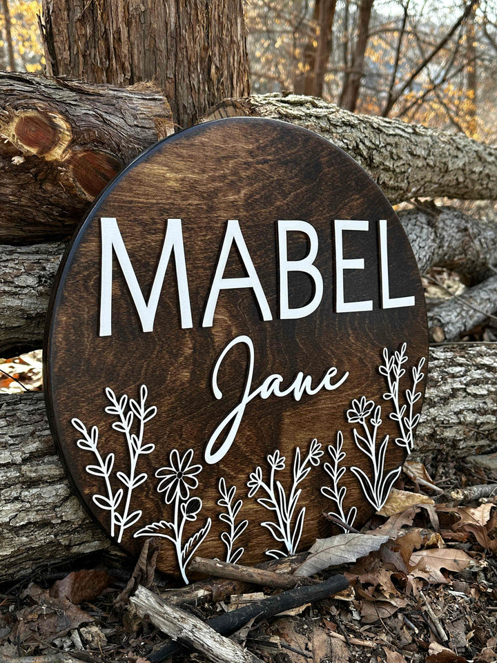 Mabel Jane floral newborn baby name sign