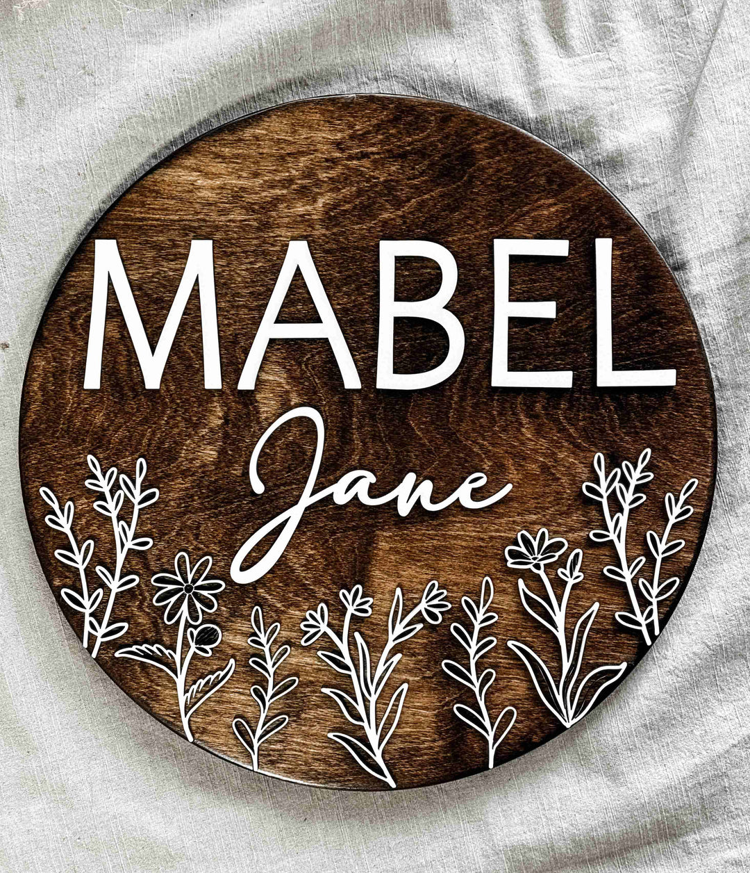 Mabel Jane floral newborn baby name sign