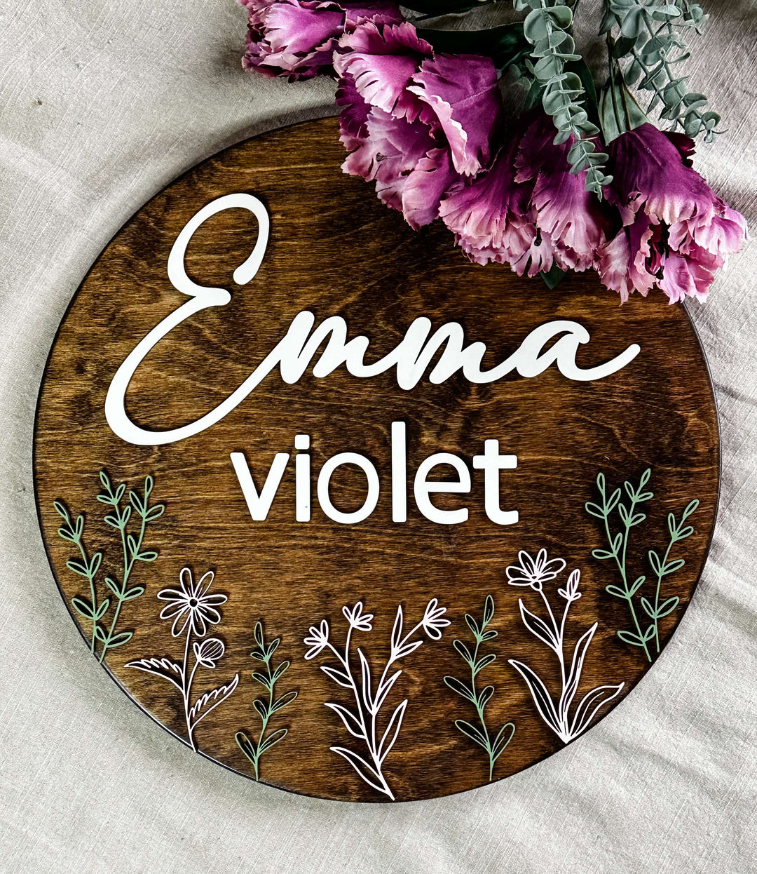 Emma Violet floral newborn baby name sign