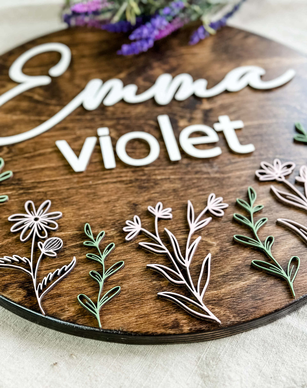 Emma Violet floral newborn baby name sign