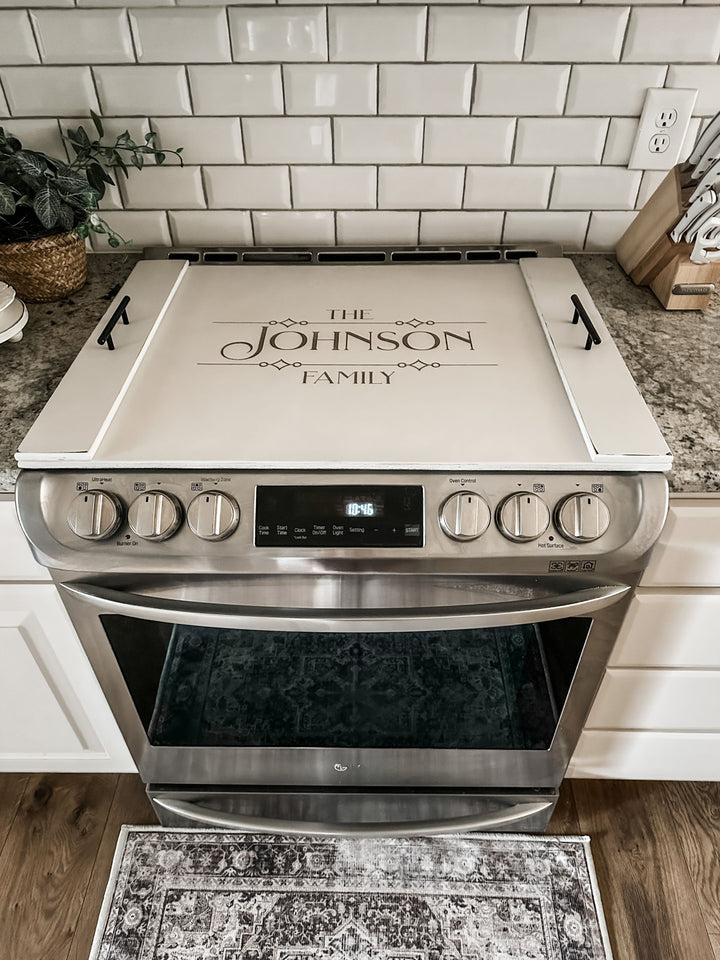 Personalized family name stove cover, ivory distressed "Johnson"