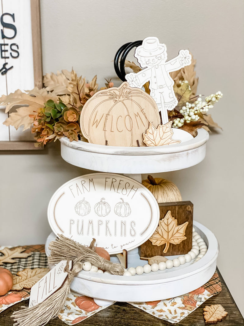 Neutral fall decor for two tiered tray farm fresh pumpkins