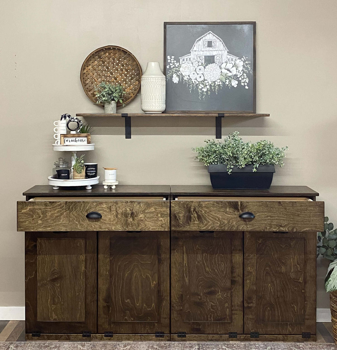 Counter tall 4 bin trash cabinet with a storage drawer in dark brown stain