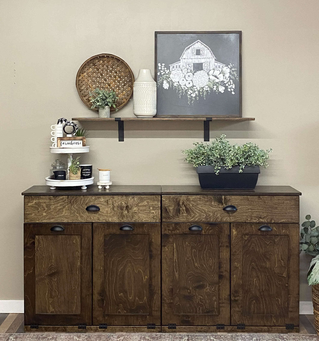 Counter tall 4 bin trash cabinet with a storage drawer in dark brown stain