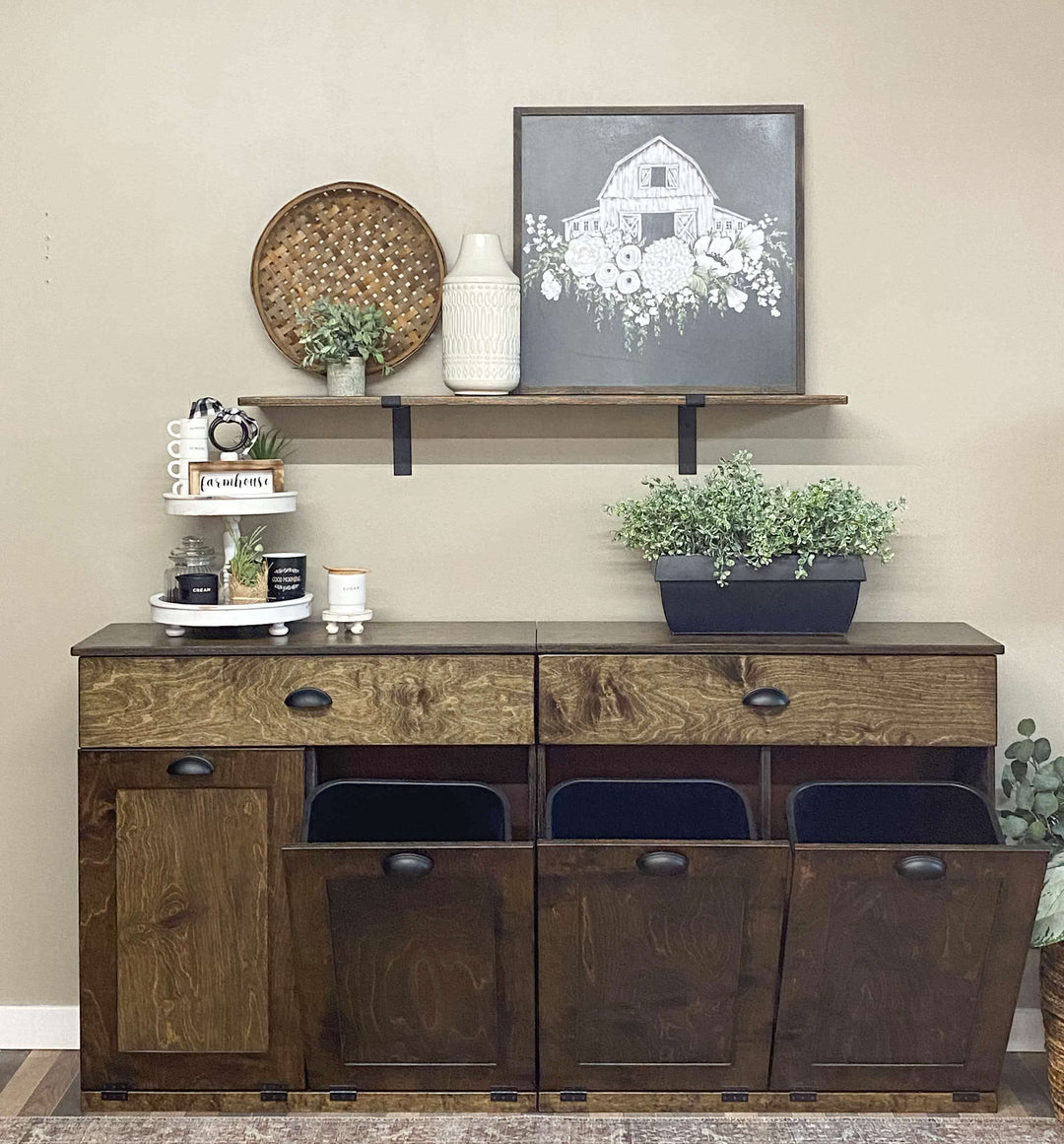 Counter tall 4 bin trash cabinet with a storage drawer in dark brown stain