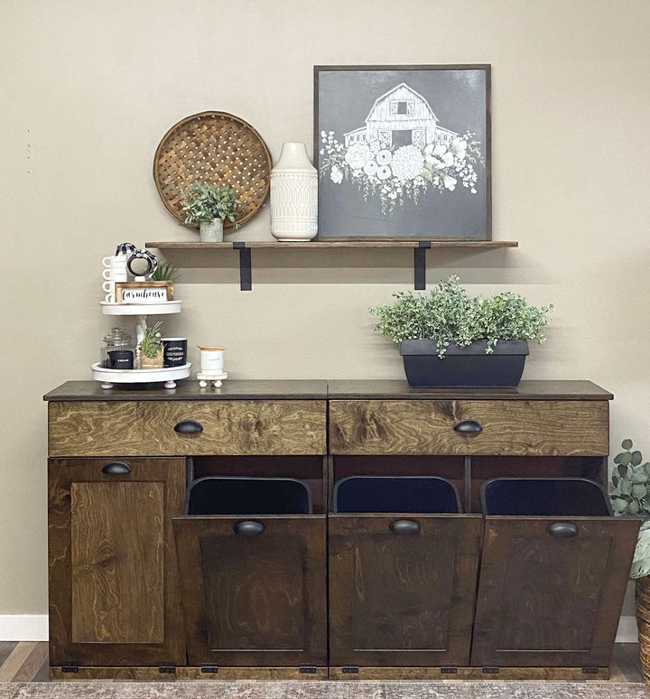 Counter tall 4 bin trash cabinet with a storage drawer in dark brown stain