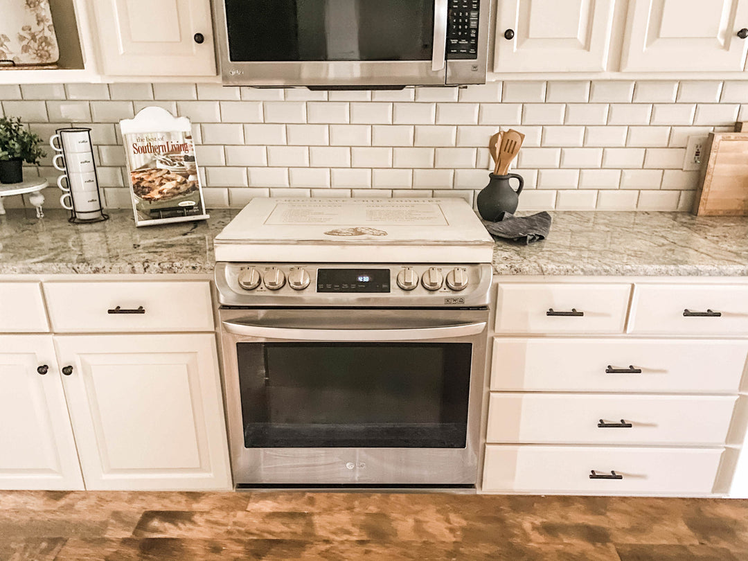 Chocolate chip cookie recipe stove cover, ivory distressed