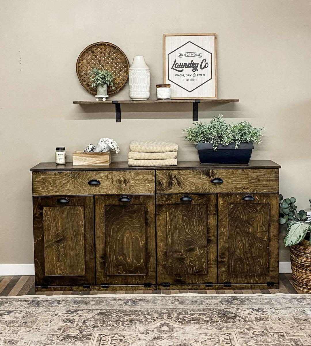 Laundry sorter with four bins and a storage drawer in dark brown stain