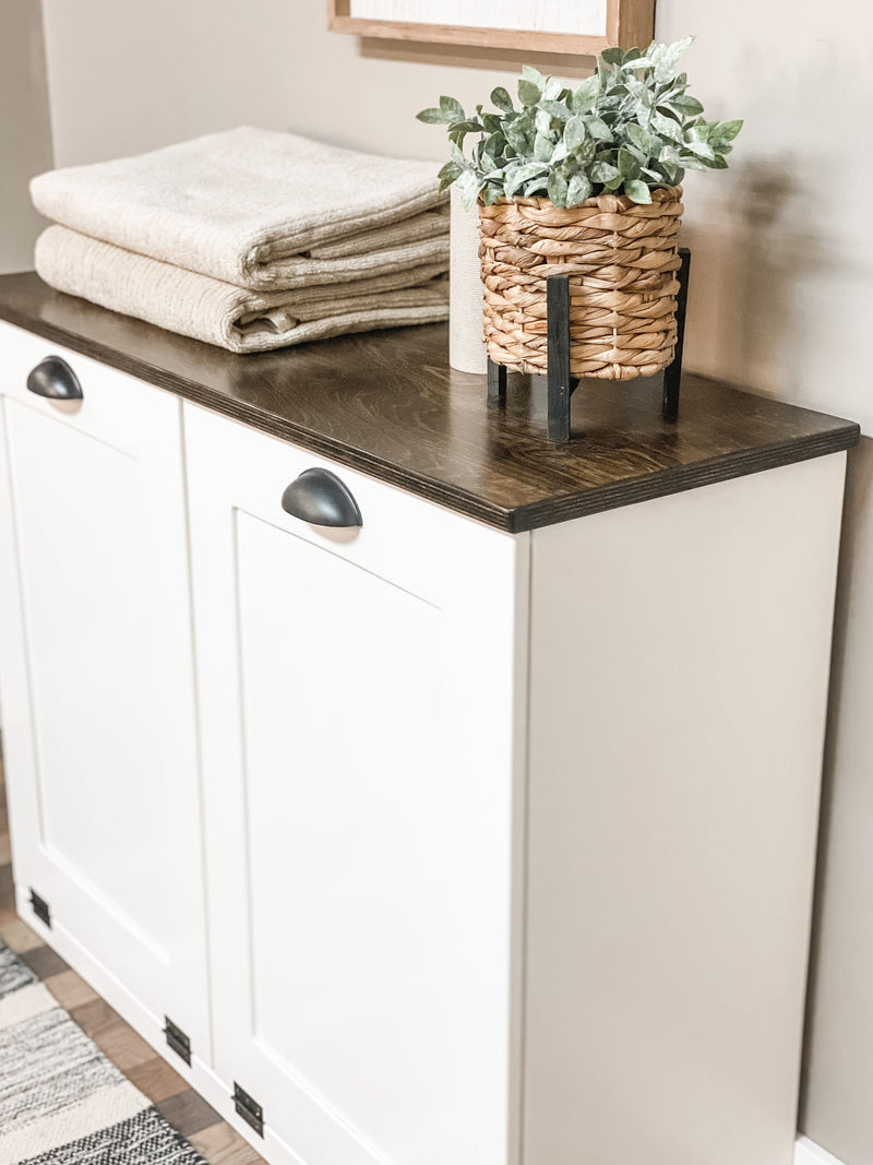 Dashwood laundry Farmhouse doors in white with a stained dark brown top