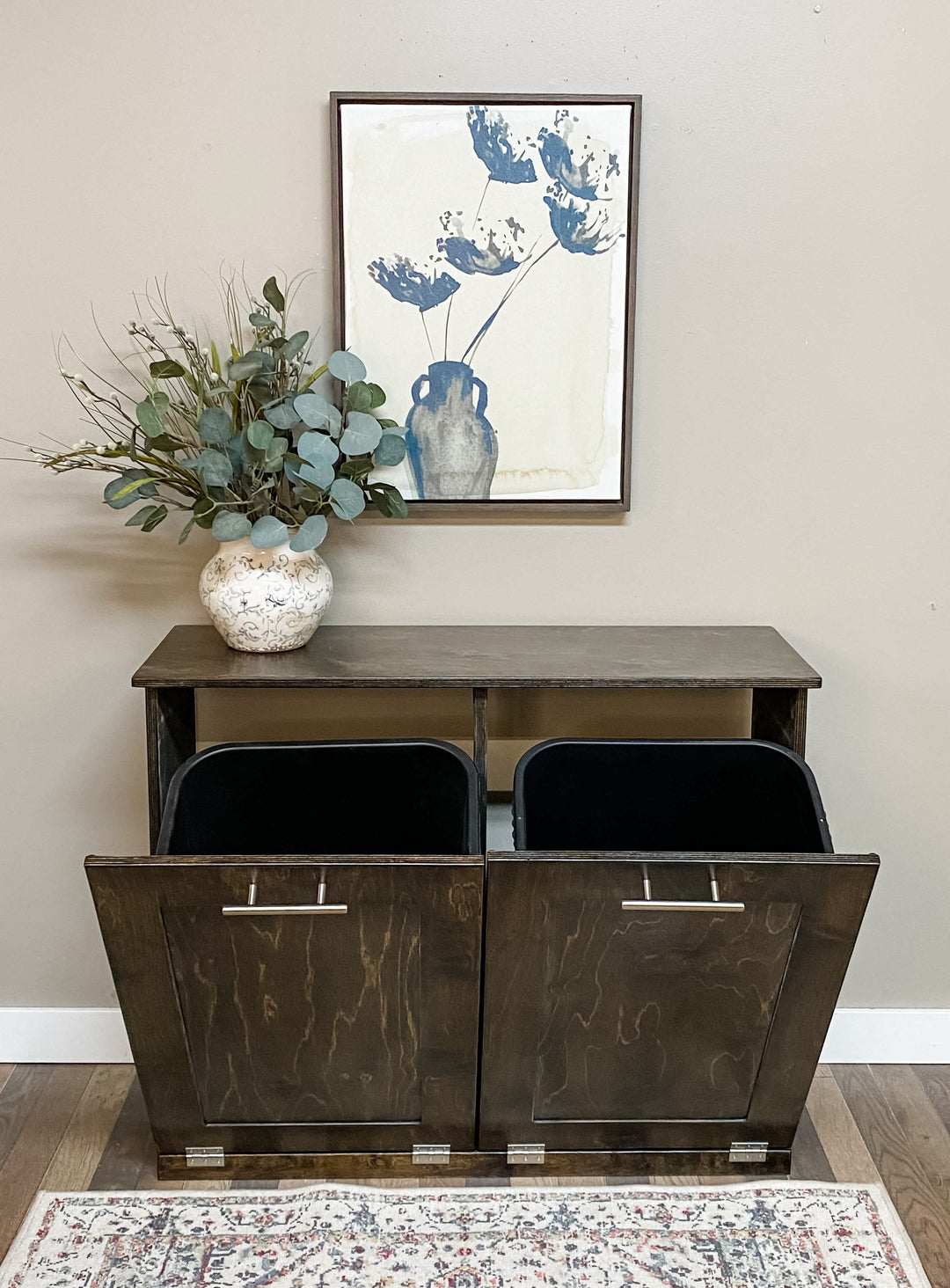 Furniture style double tilt out trash cabinet in dark brown