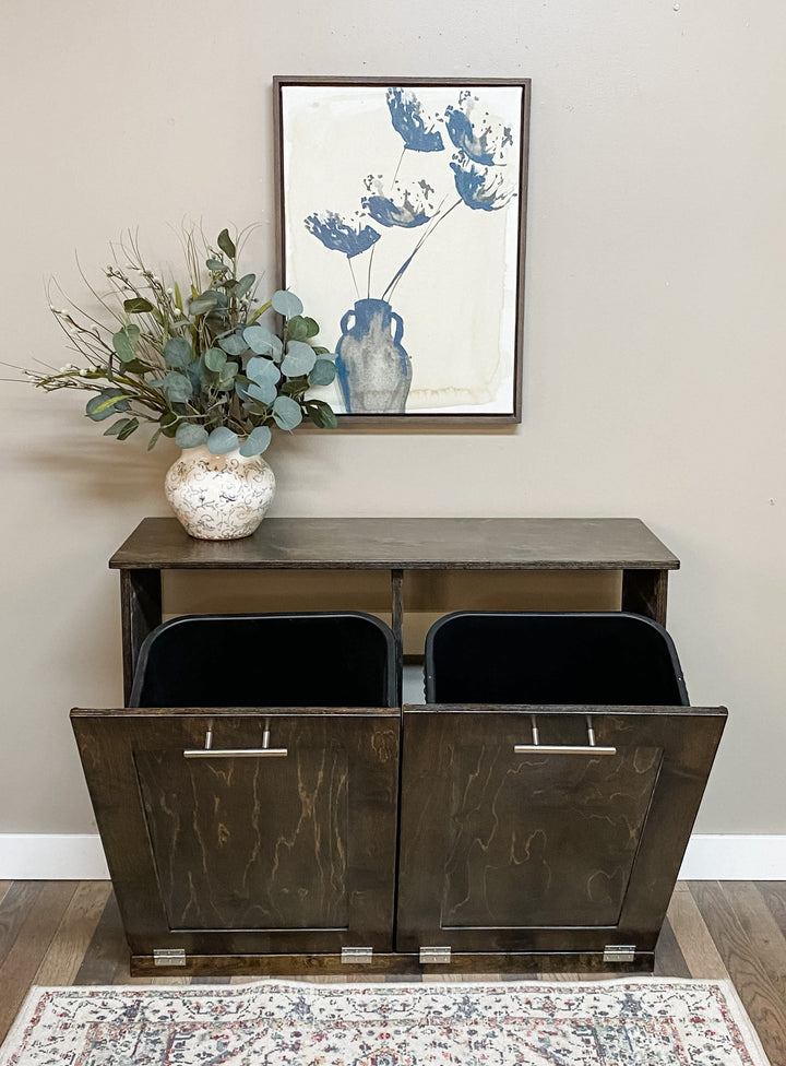Furniture style double tilt out trash cabinet in dark brown