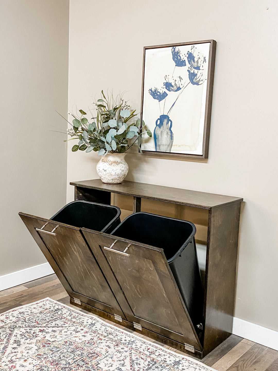 Furniture style double tilt out trash cabinet in dark brown