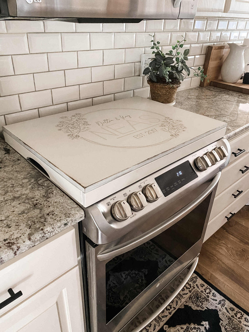 Personalized Wedding/Anniversary Stove Cover, Ivory Distressed
