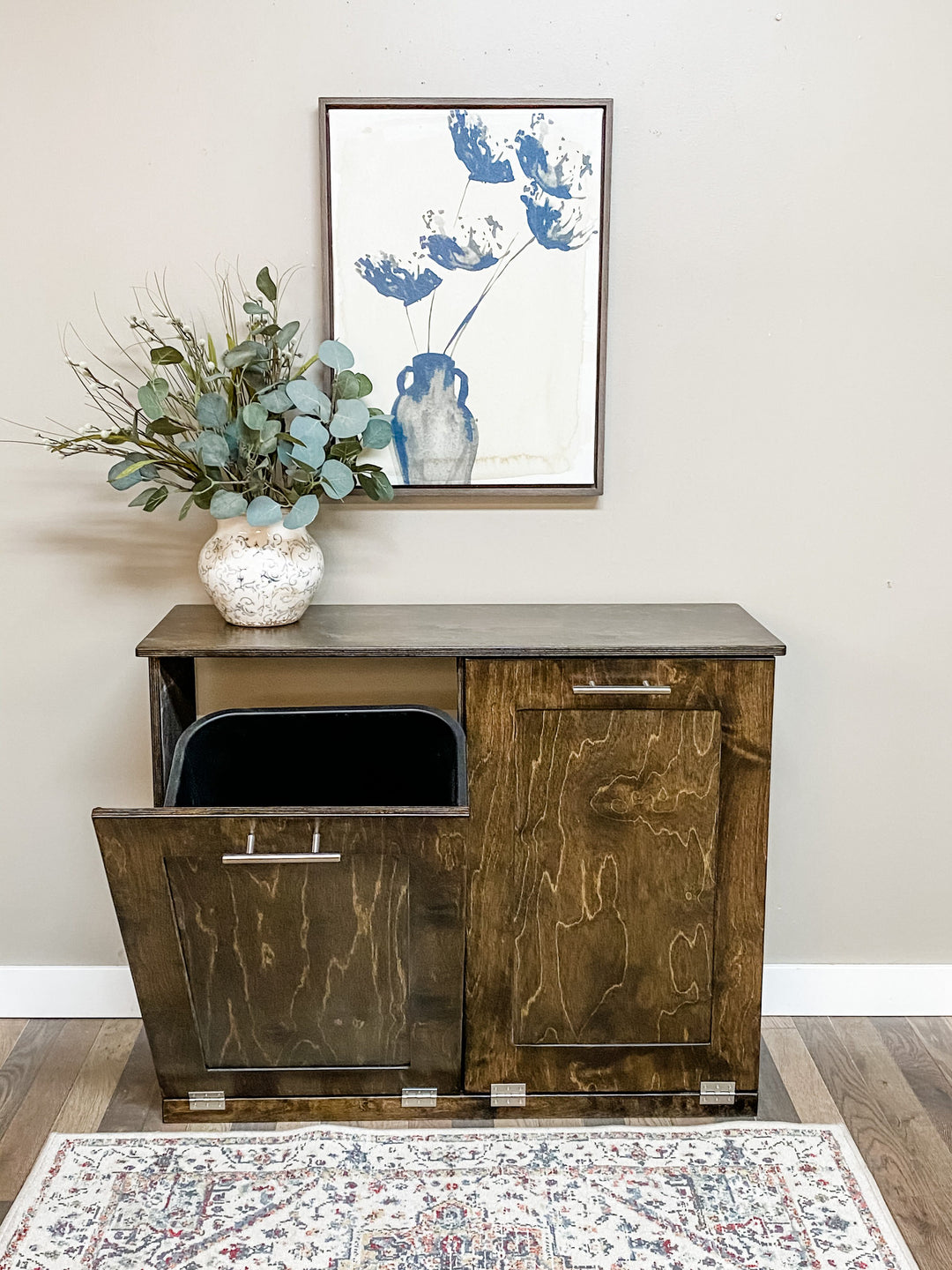 Furniture style double tilt out trash cabinet in dark brown