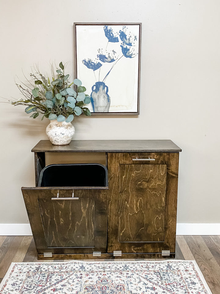 Furniture style double tilt out trash cabinet in dark brown