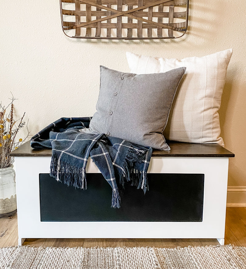 Shoe Storage Bench in Soft White with Dark Brown Top and chalkboard