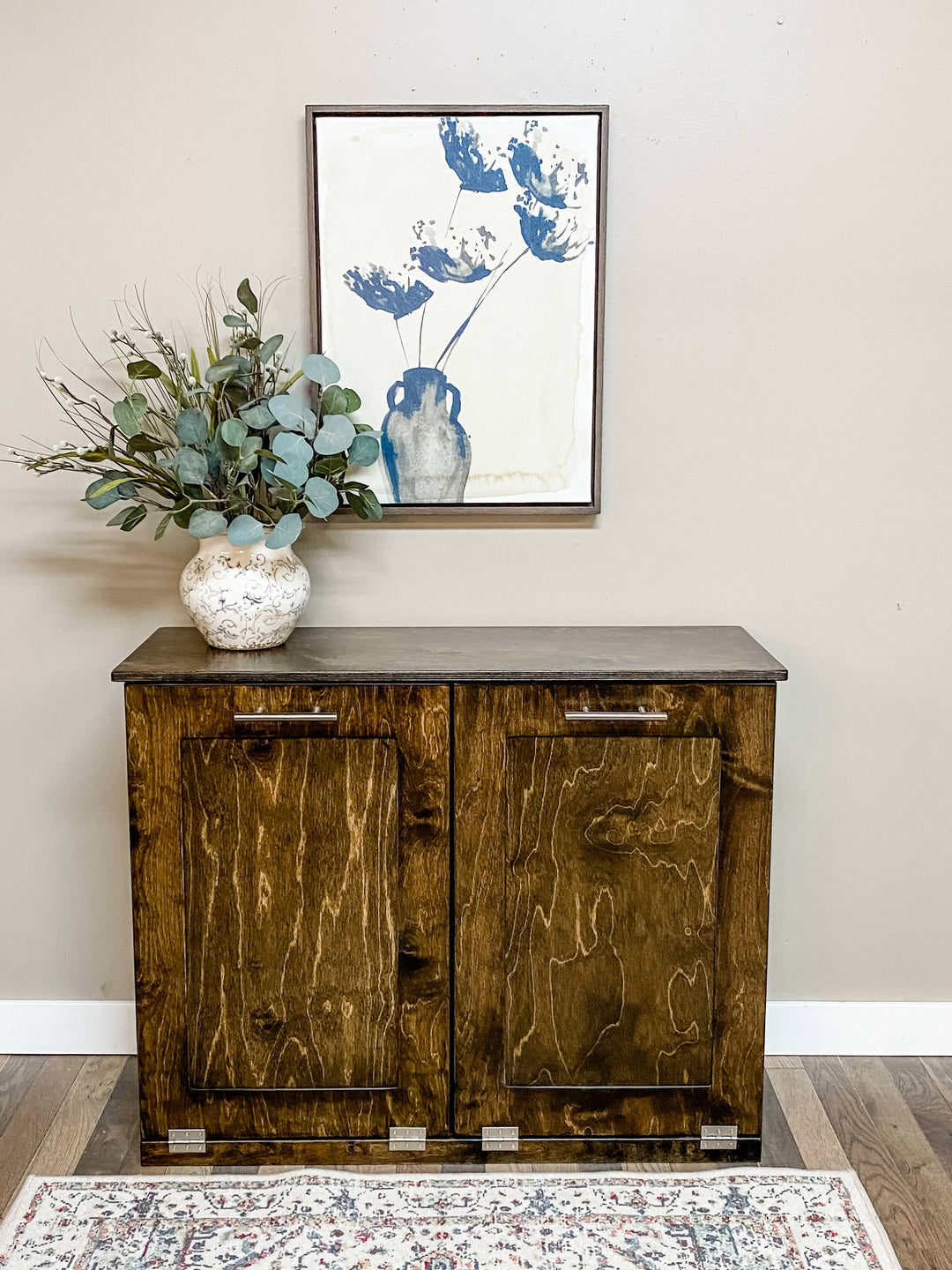 Furniture style double tilt out trash cabinet in dark brown