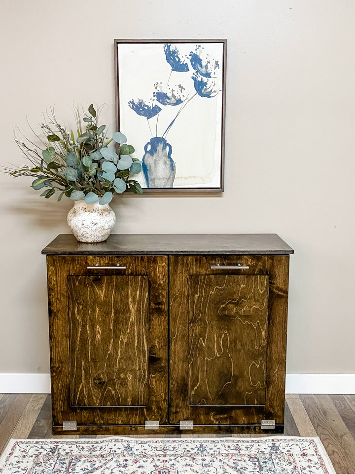Furniture style double tilt out trash cabinet in dark brown