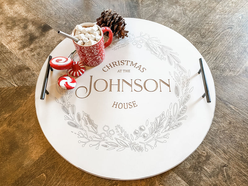 Round Christmas ottoman serving tray in white distressed ~ personalized
