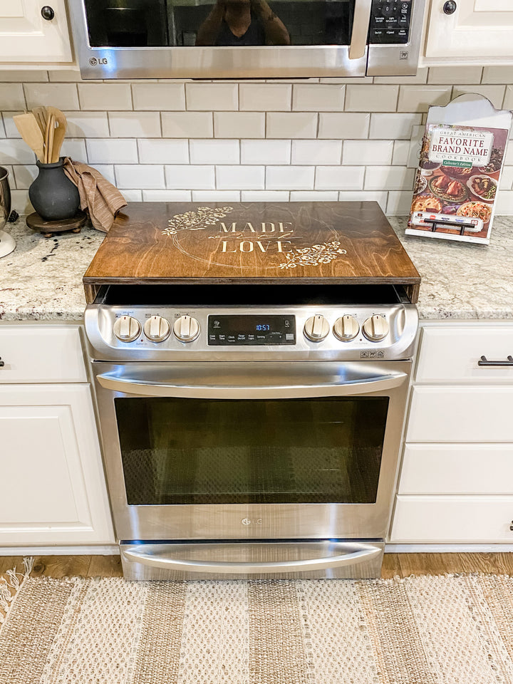 "Made with love" stove cover, warm brown + soft white