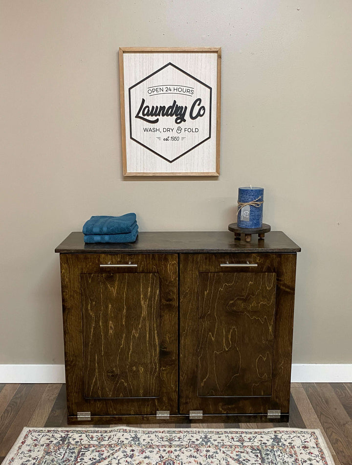 Double hamper - wood - laundry in dark brown stain