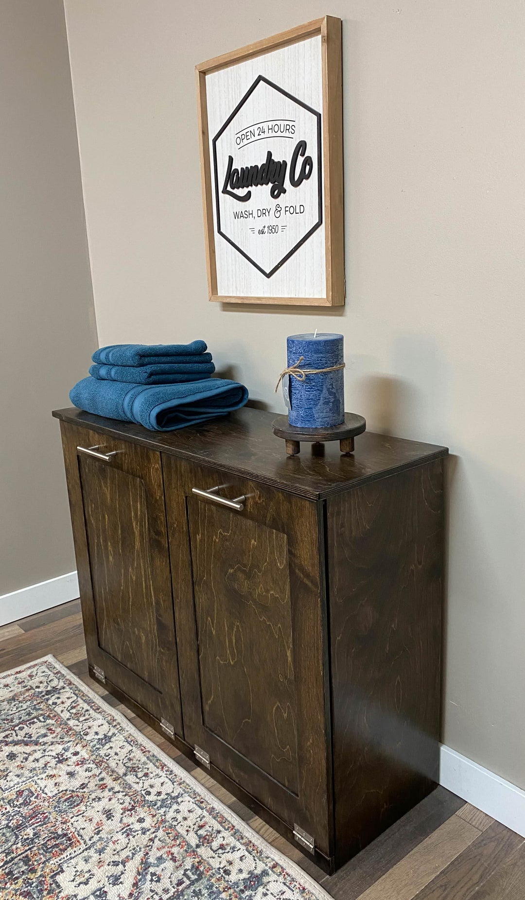 Double hamper - wood - laundry in dark brown stain