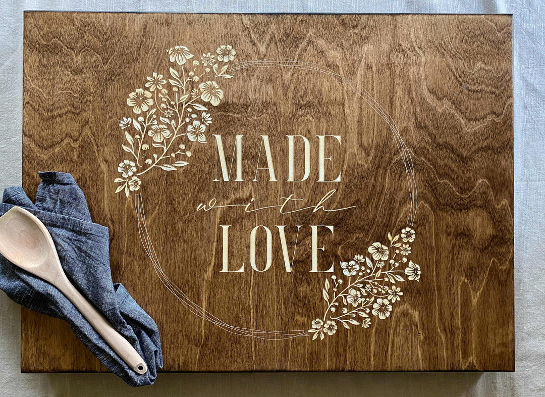 "Made with love" stove cover, warm brown + soft white