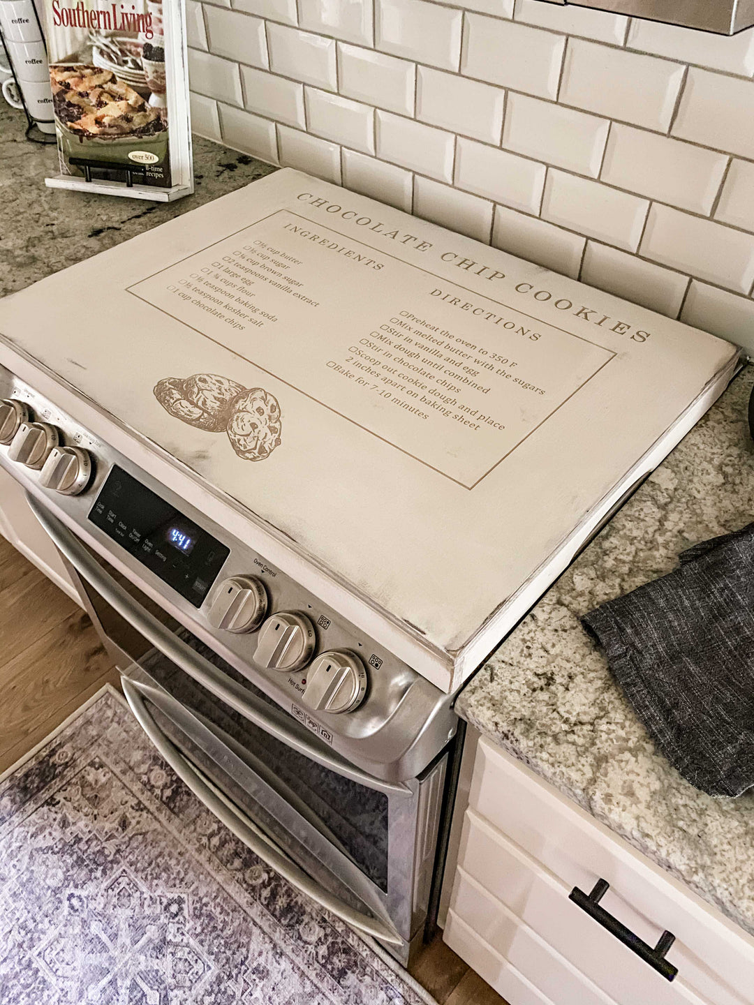 Chocolate chip cookie recipe stove cover, ivory distressed