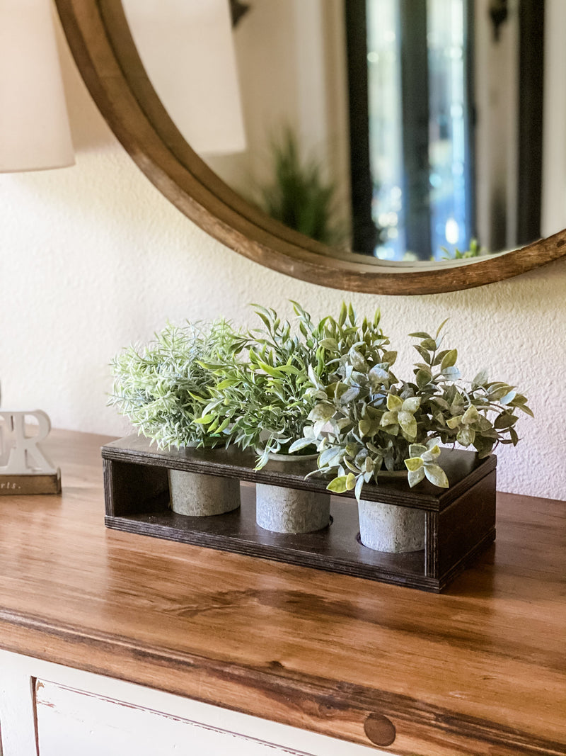 Farmhouse real wood plant holder with greenery