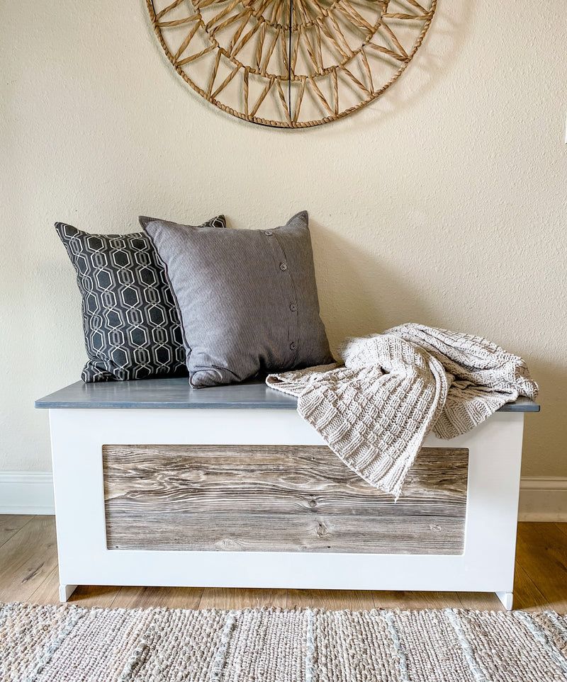 Shoe storage bench in soft white with gray top cedar look panel