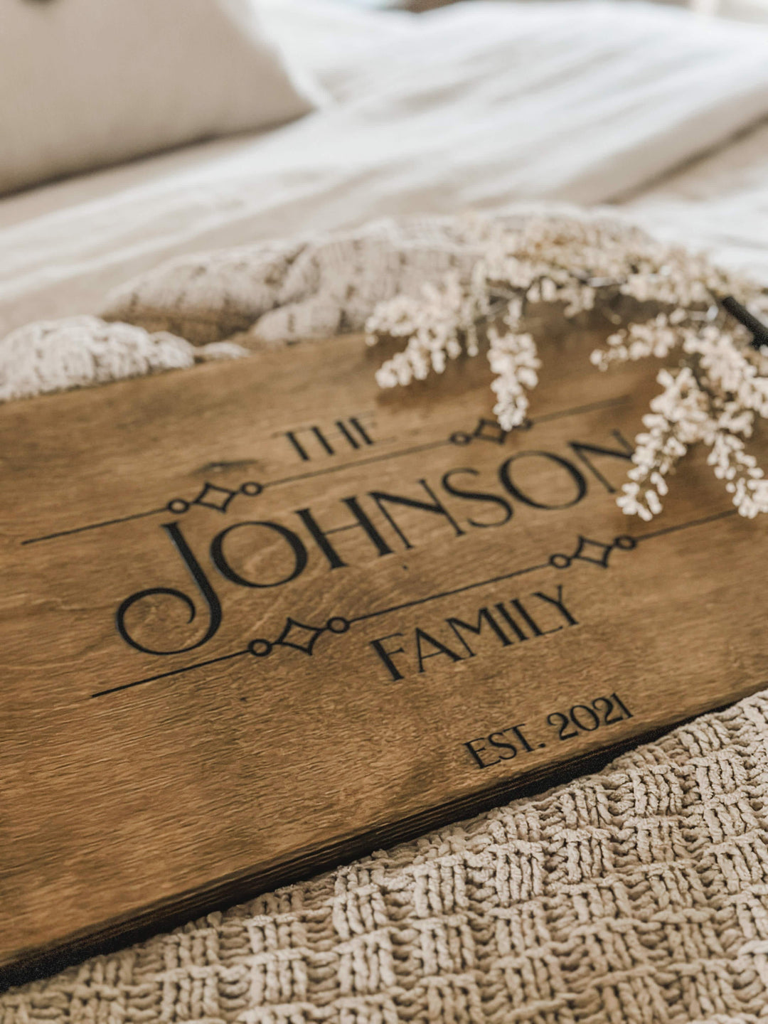 Warm brown personalized family name + est. date serving tray