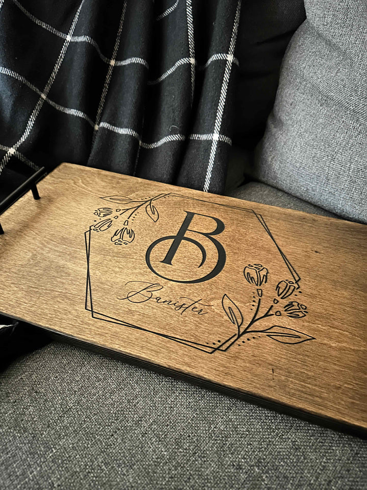 Warm brown personalized initial and last name serving tray