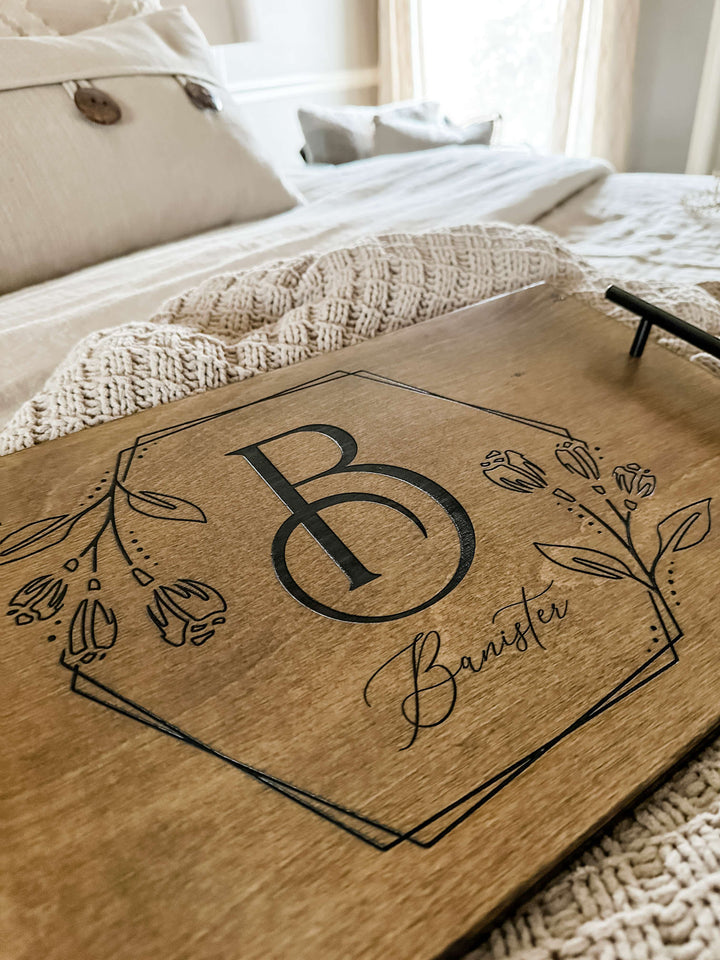 Warm brown personalized initial and last name serving tray