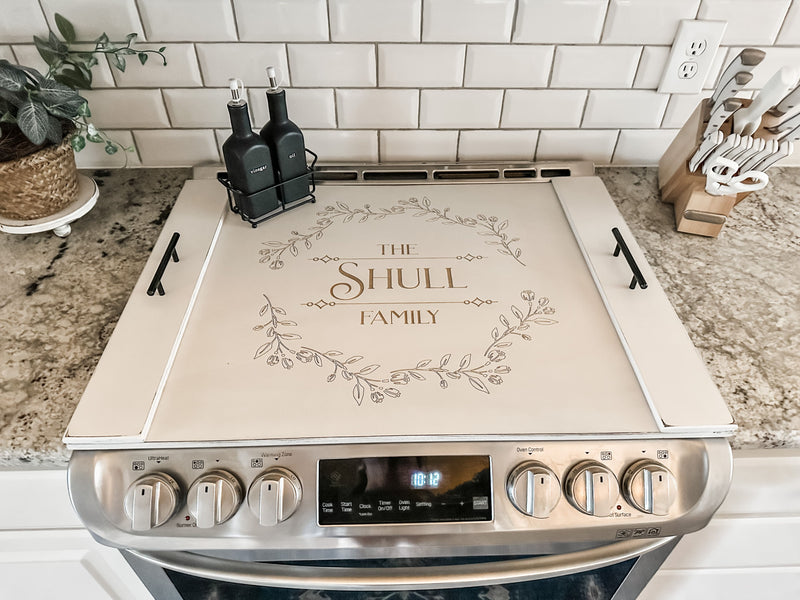Personalized Tulip Wreath Stove Cover, Ivory Distressed "Shull"