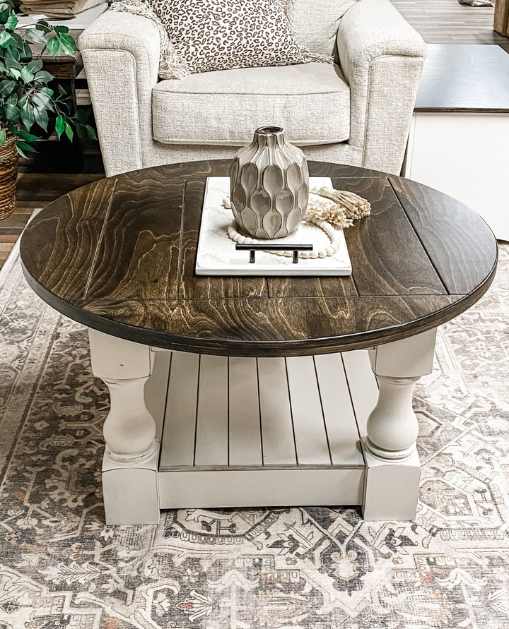 Rustic baluster round farmhouse coffee table distressed with stained top