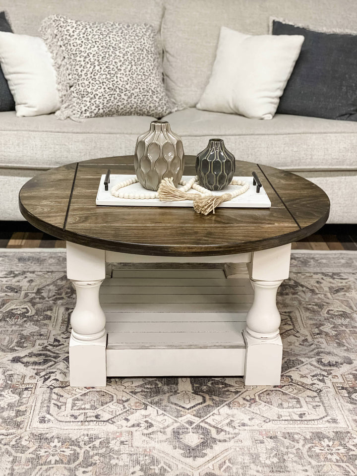Rustic baluster round farmhouse coffee table distressed with stained top