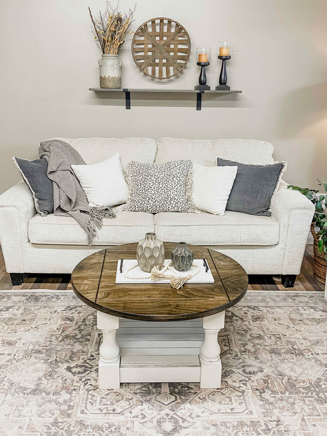 Rustic baluster round farmhouse coffee table distressed with stained top