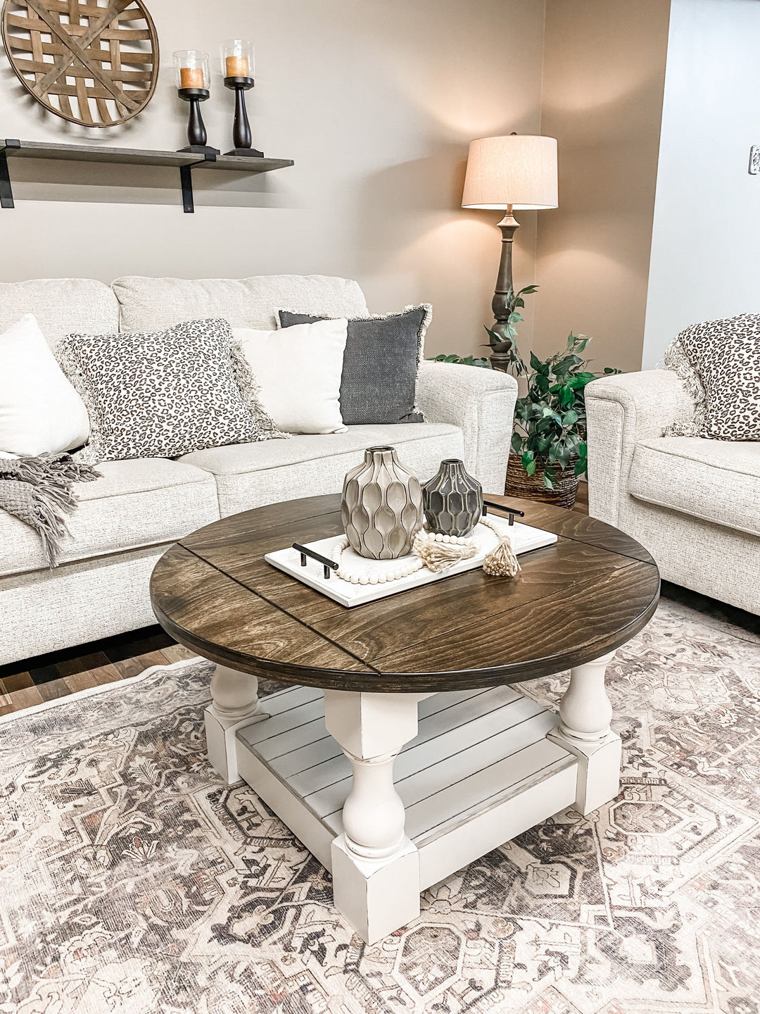 Rustic baluster round farmhouse coffee table distressed with stained top