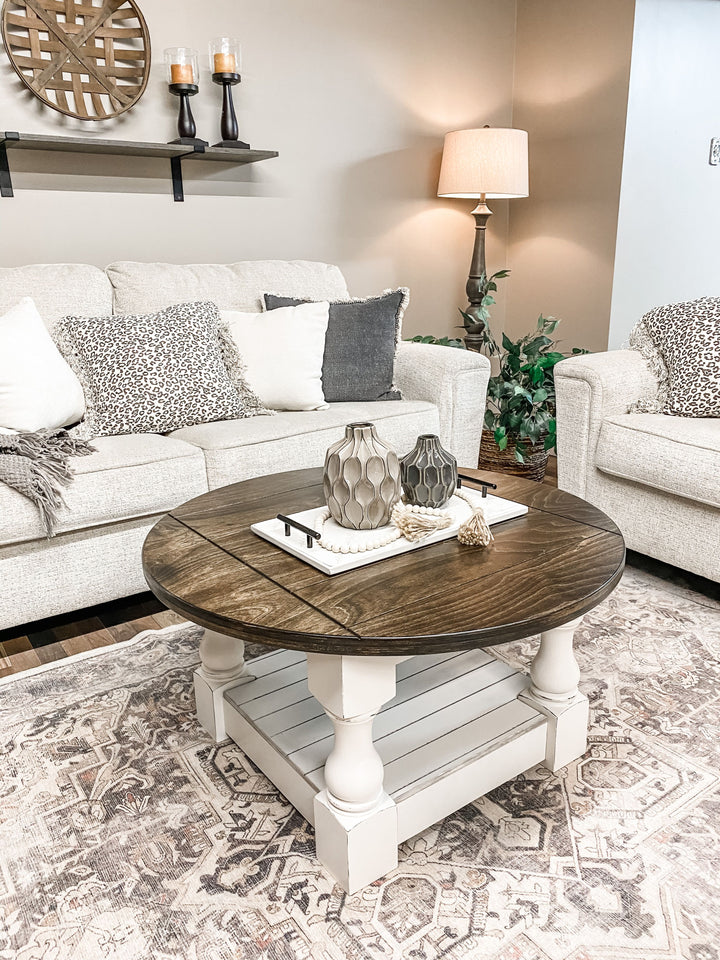 Rustic baluster round farmhouse coffee table distressed with stained top