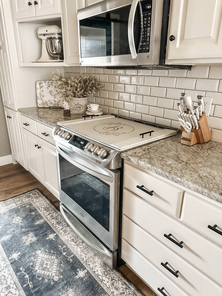 Personalized family name stove cover, ivory distressed "Johnson"