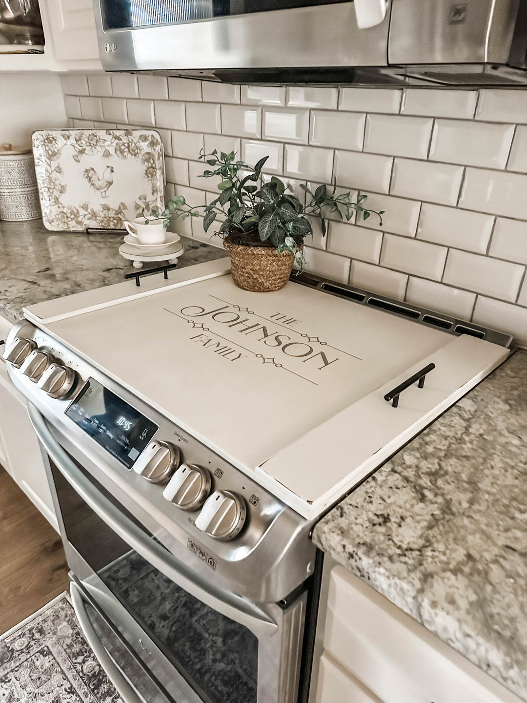 Personalized family name stove cover, ivory distressed "Johnson"
