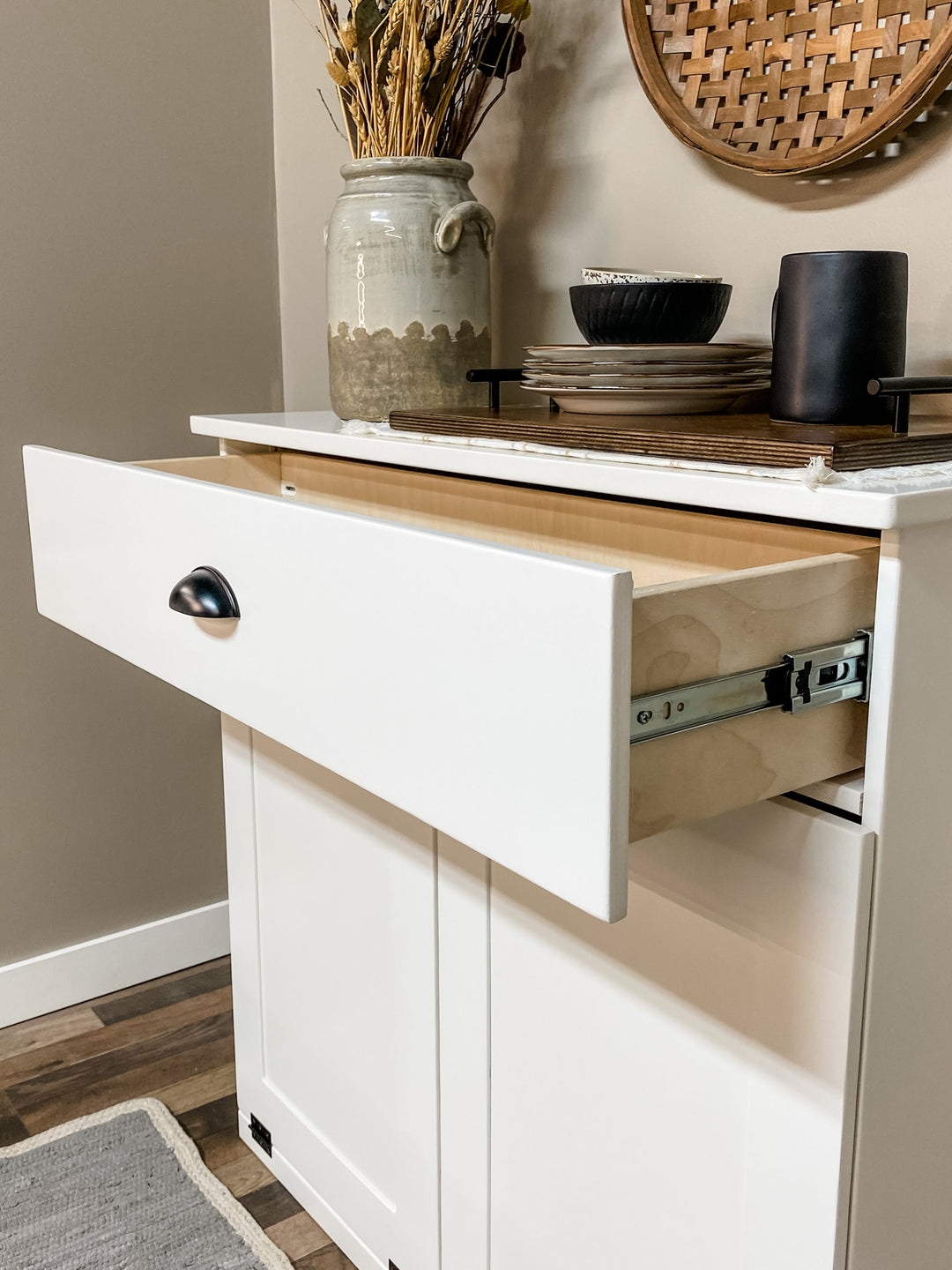 Handcrafted double hidden trash cabinet + storage drawer in white