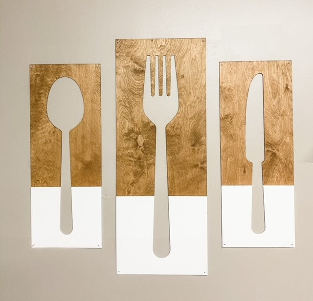Light brown + white fork, spoon, and knife wood wall decor set
