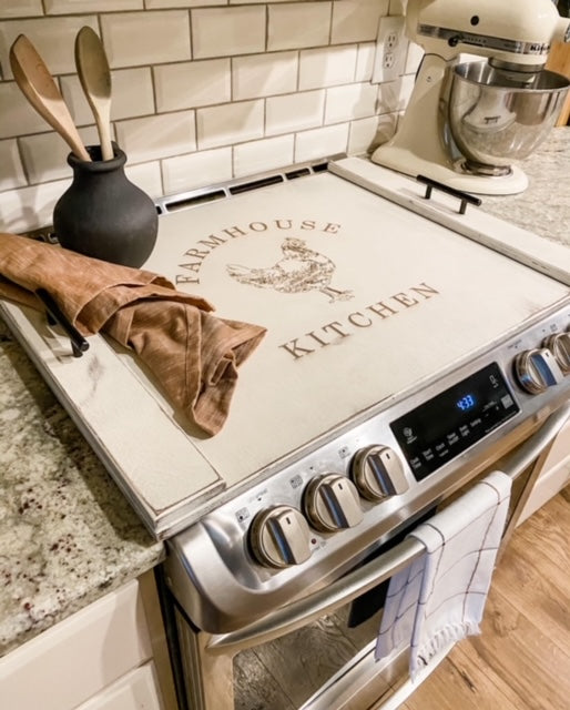 "Farmhouse kitchen" stove cover, ivory distressed