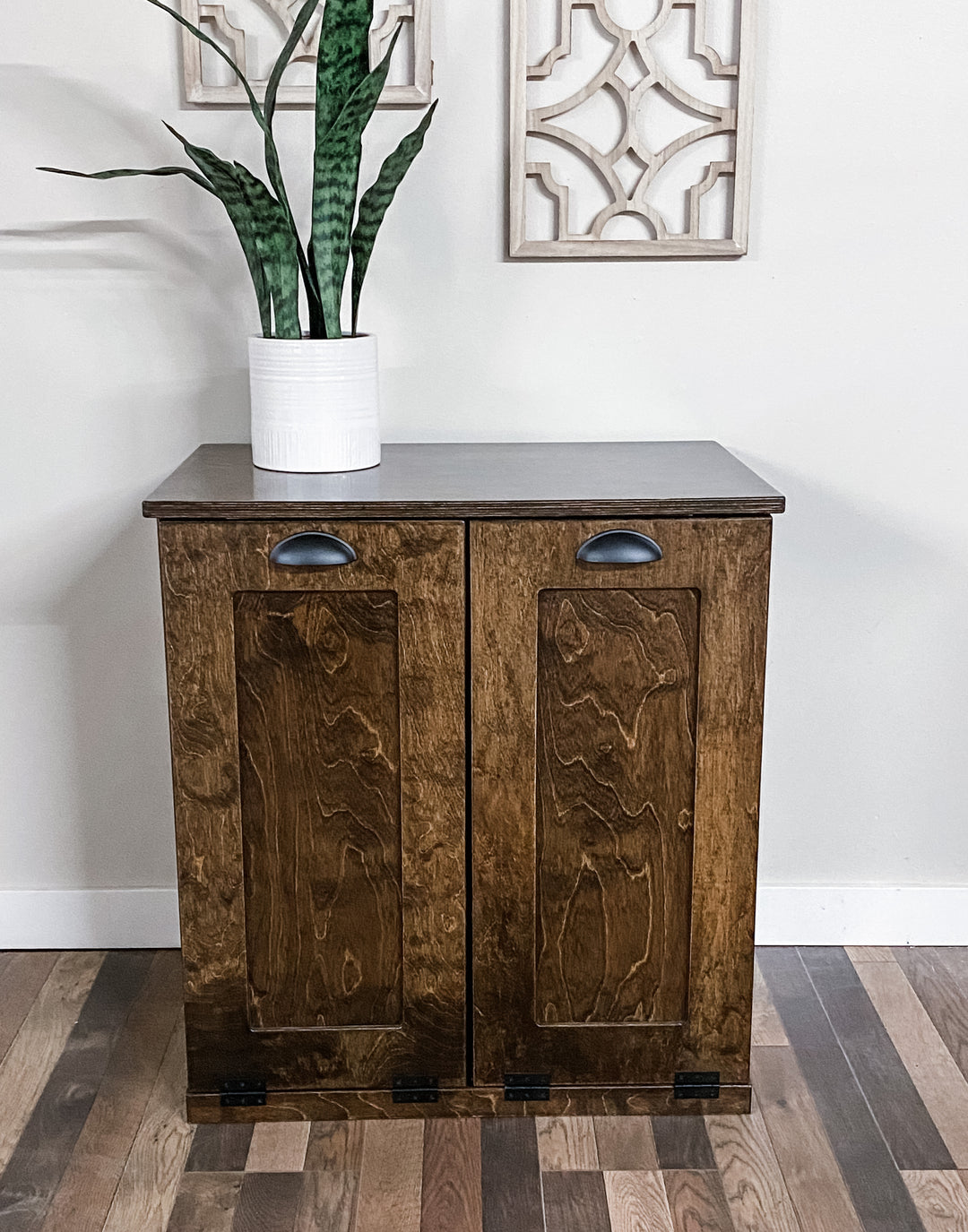 Furniture style slim double trash cabinet in dark brown