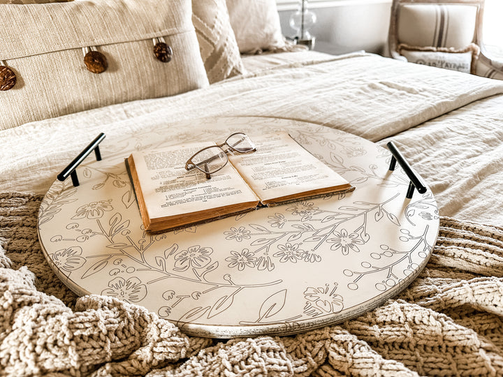 Round all over floral cottage tray in distressed white