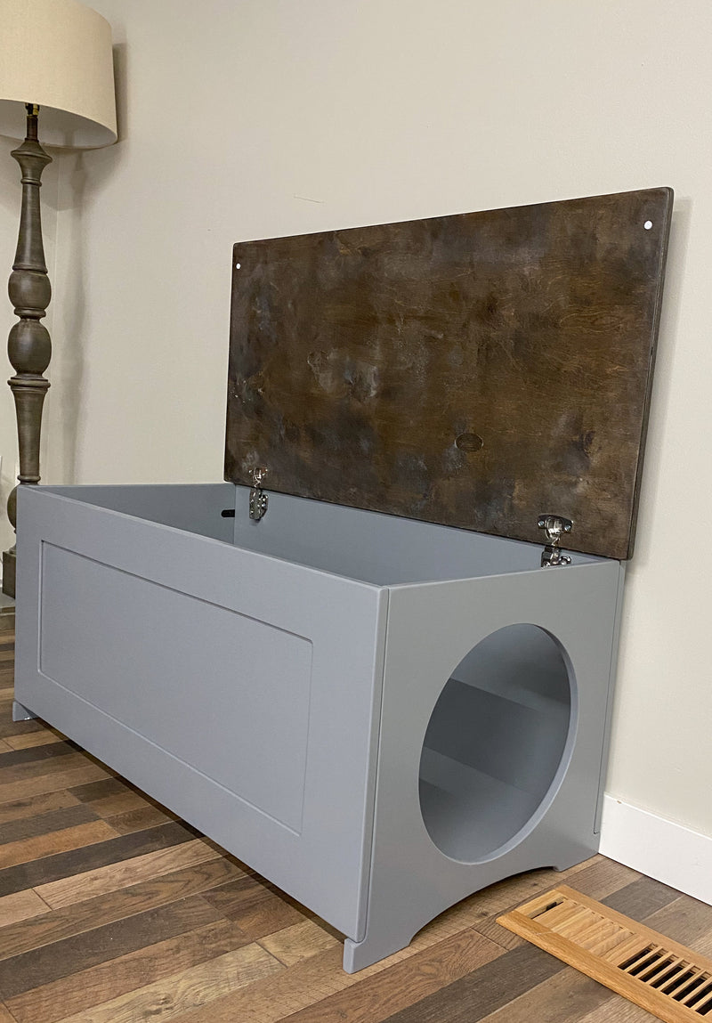 Hidden Litter Box in gray with a Stained Top